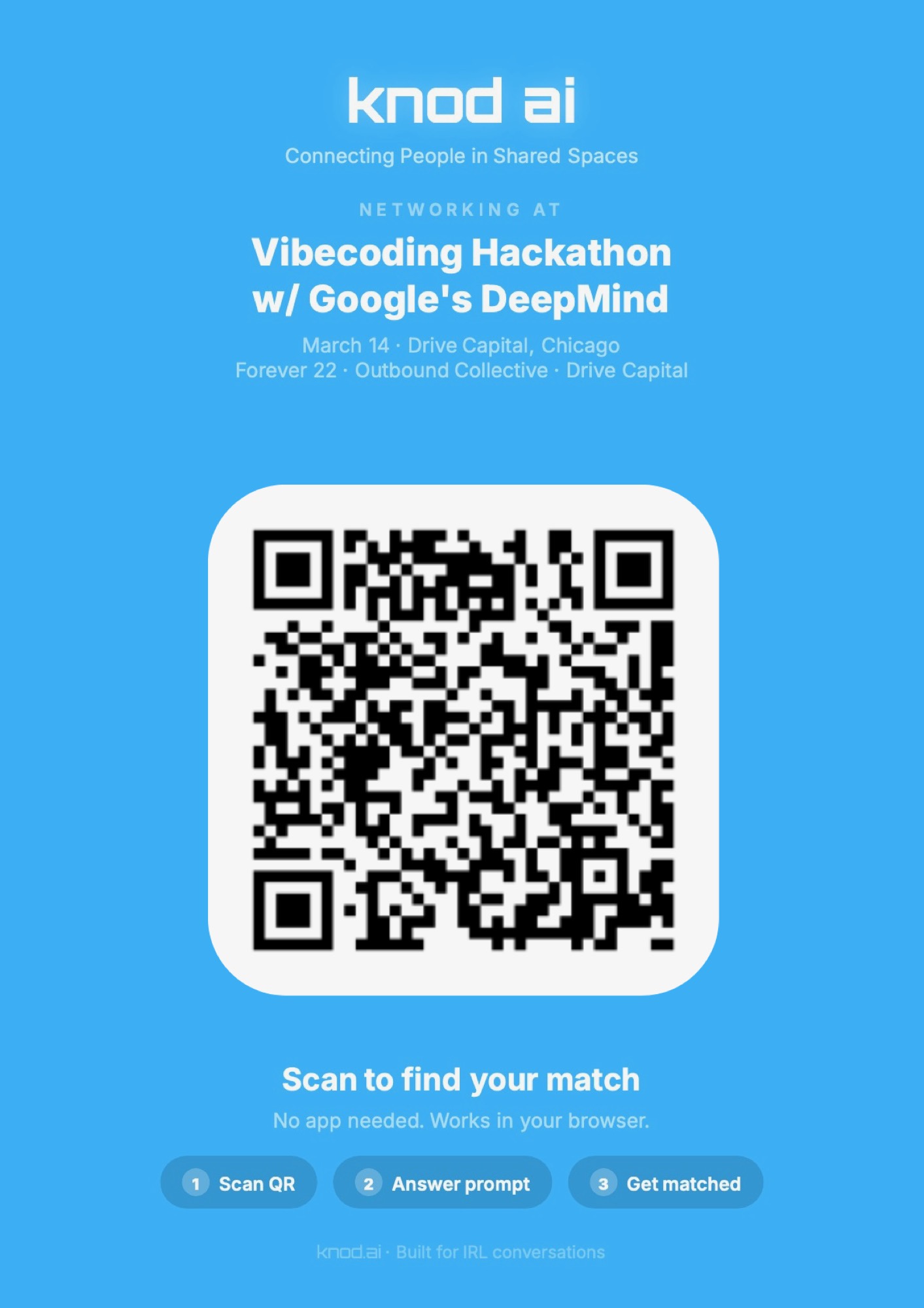 The Vibecoding Hackathon with Google's DeepMind event poster with a Knod QR code